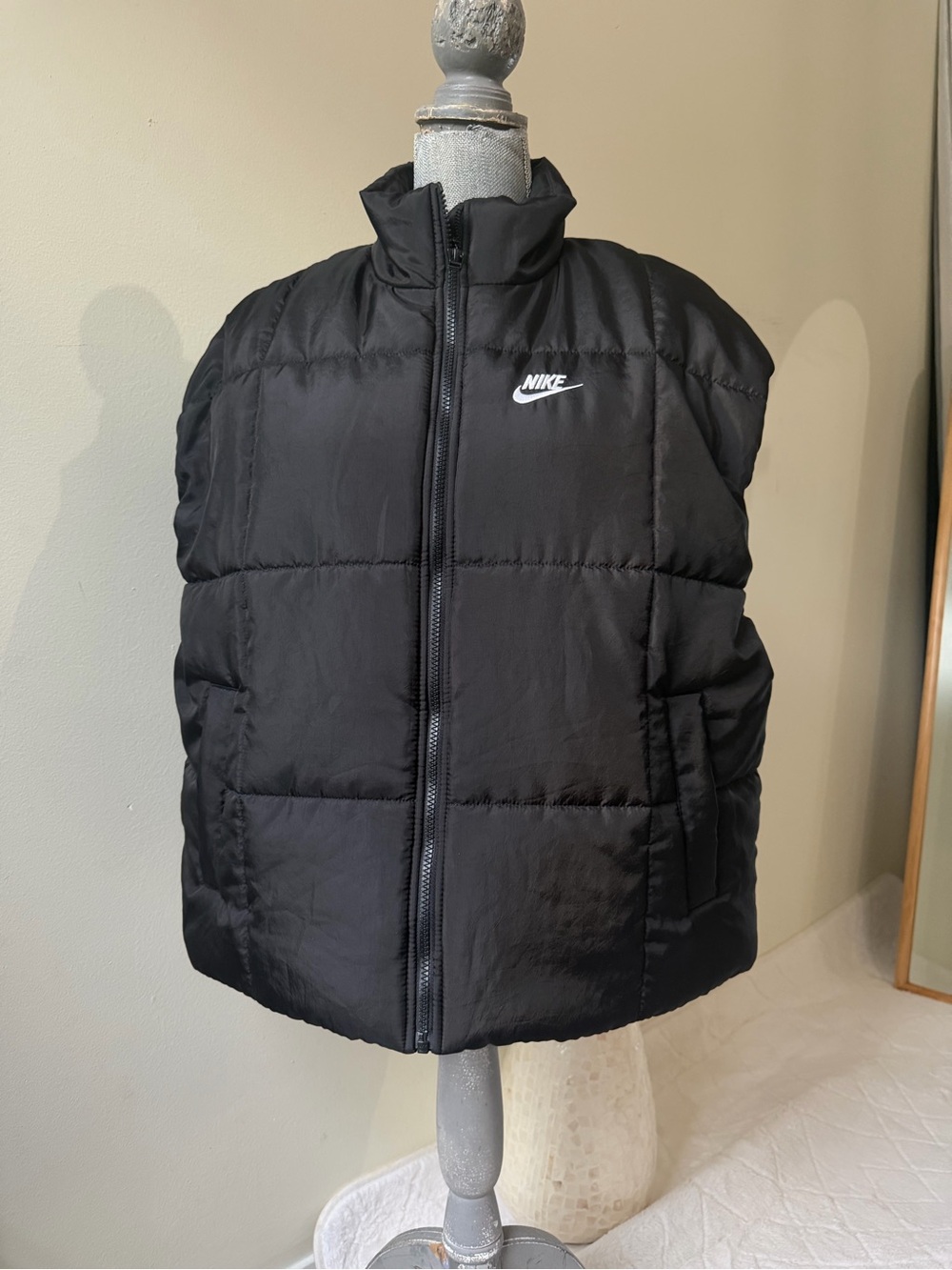 Nike Black Quilted Sleeveless Puffer Vest with White Swoosh
